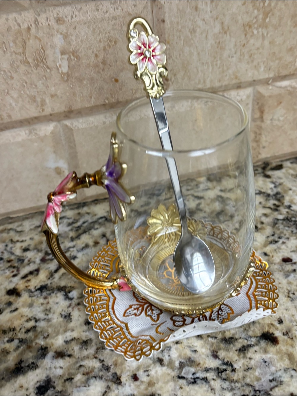 Glass Tea Cup with Gold Floral Handle and Pink Accents